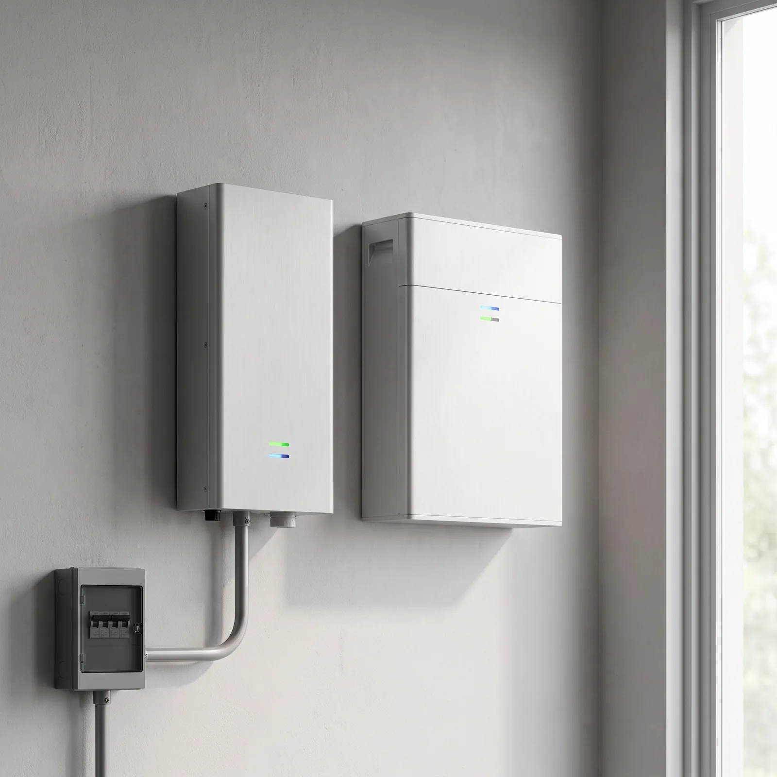 Falra szerelt inverter és energiatároló egység beltérben, alattuk kismegszakítós elosztódobozzal