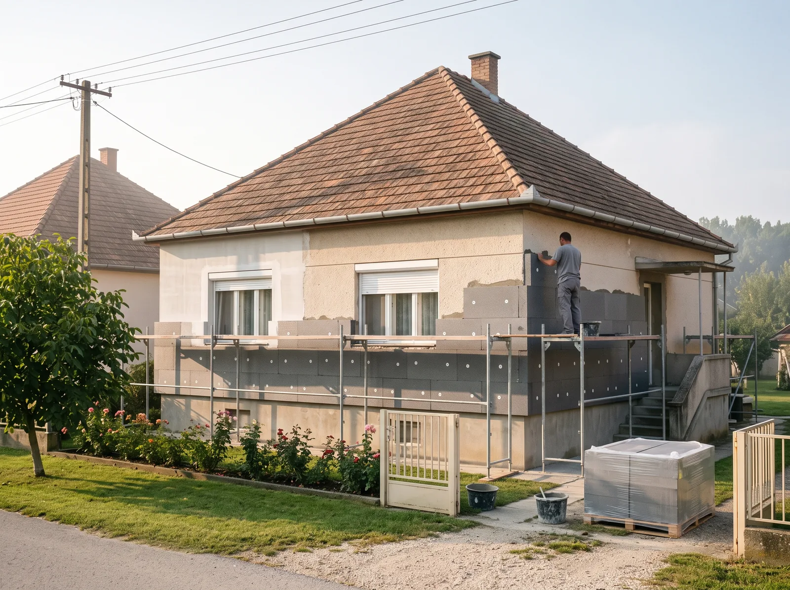 Sátortetős magyar kockaház homlokzati hőszigetelése állványzattal, dübelekkel rögzített szürke hőszigetelő lapokkal, a falon dolgozó szakemberrel
